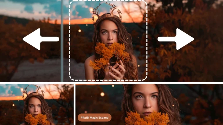 AI image expansion of a woman with antler headpiece holding orange leaves at sunset. The outpainting extends the fantasy background naturally on both sides.