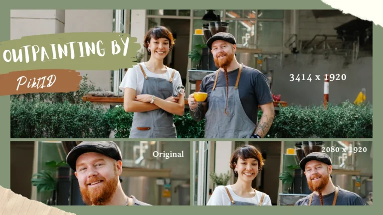 AI outpainting comparison showing a portrait image expanded into a wide 16:9 format using PiktID. The example highlights how the tool extends backgrounds naturally without distorting the original subject.