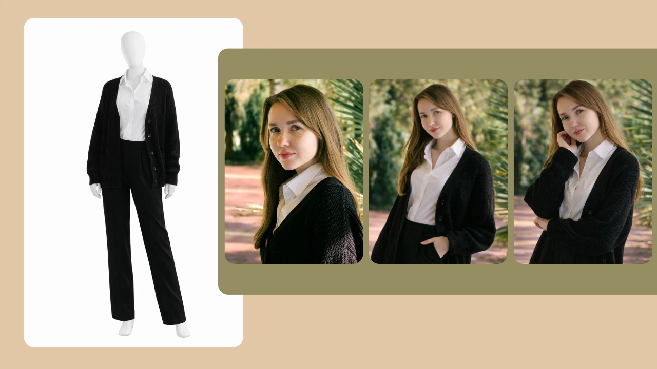 Realistic female mannequin wearing a black formal cardigan and trousers displayed alongside three model poses outdoors. Demonstrates AI-generated model styling for e-commerce fashion photography.