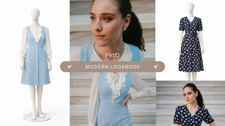 Modern fashion lookbook collage featuring mannequin clothing and AI-generated female model images. Represents virtual try-on and AI outfit transformation for fashion marketing.