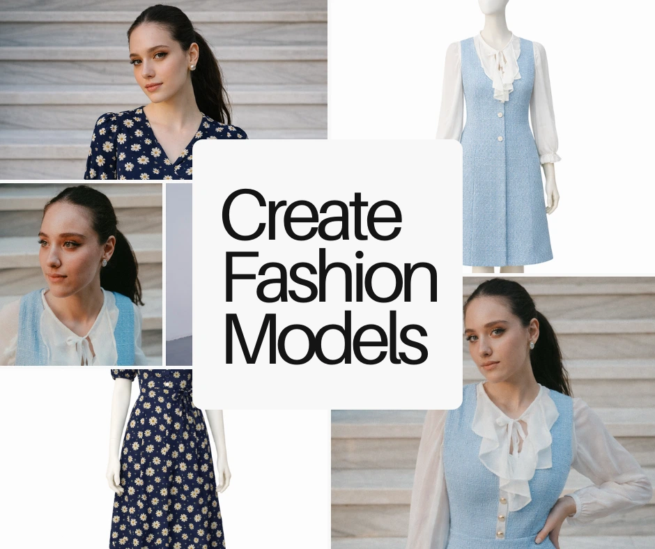 Collage showcasing AI-generated fashion models wearing a blue floral dress and a light blue sleeveless dress styled on a young female model. The layout highlights virtual model creation for fashion brands and eCommerce product visualization.