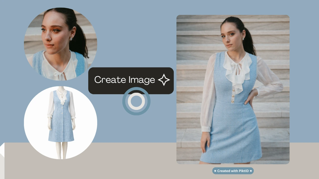 AI-generated fashion model wearing a light blue dress created using PiktID Studio from a mannequin reference. Showcases virtual model creation and realistic outfit visualization for online stores.