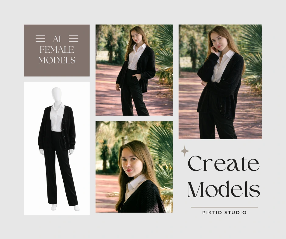 AI female model with blonde hair posing outdoors in a smart black cardigan and white shirt, alongside a realistic female mannequin wearing the same outfit. The image demonstrates AI fashion model generation for apparel marketing and online stores.