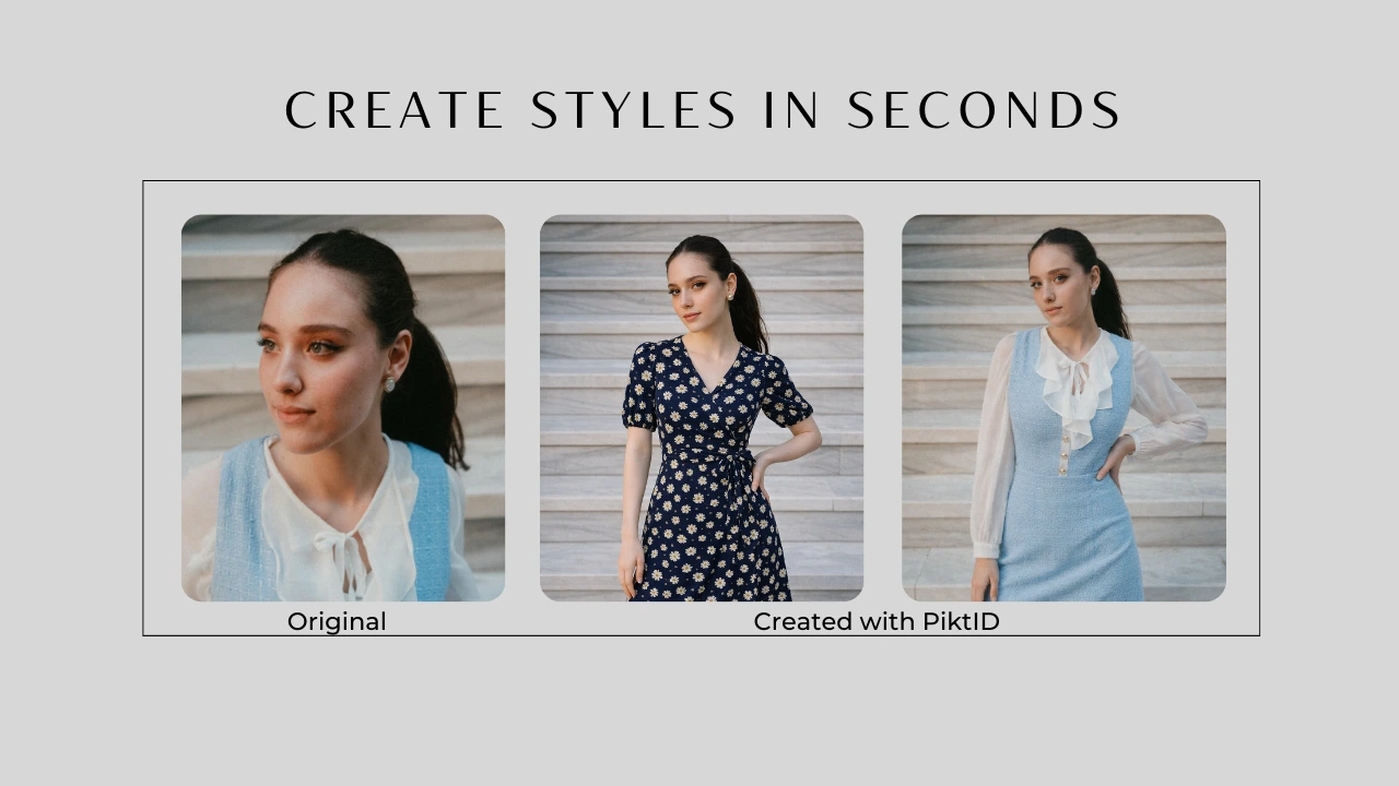 Side-by-side comparison of an original portrait and multiple AI-styled outfit variations created in seconds. Demonstrates fast fashion style transformation using PiktID cloth swap technology.