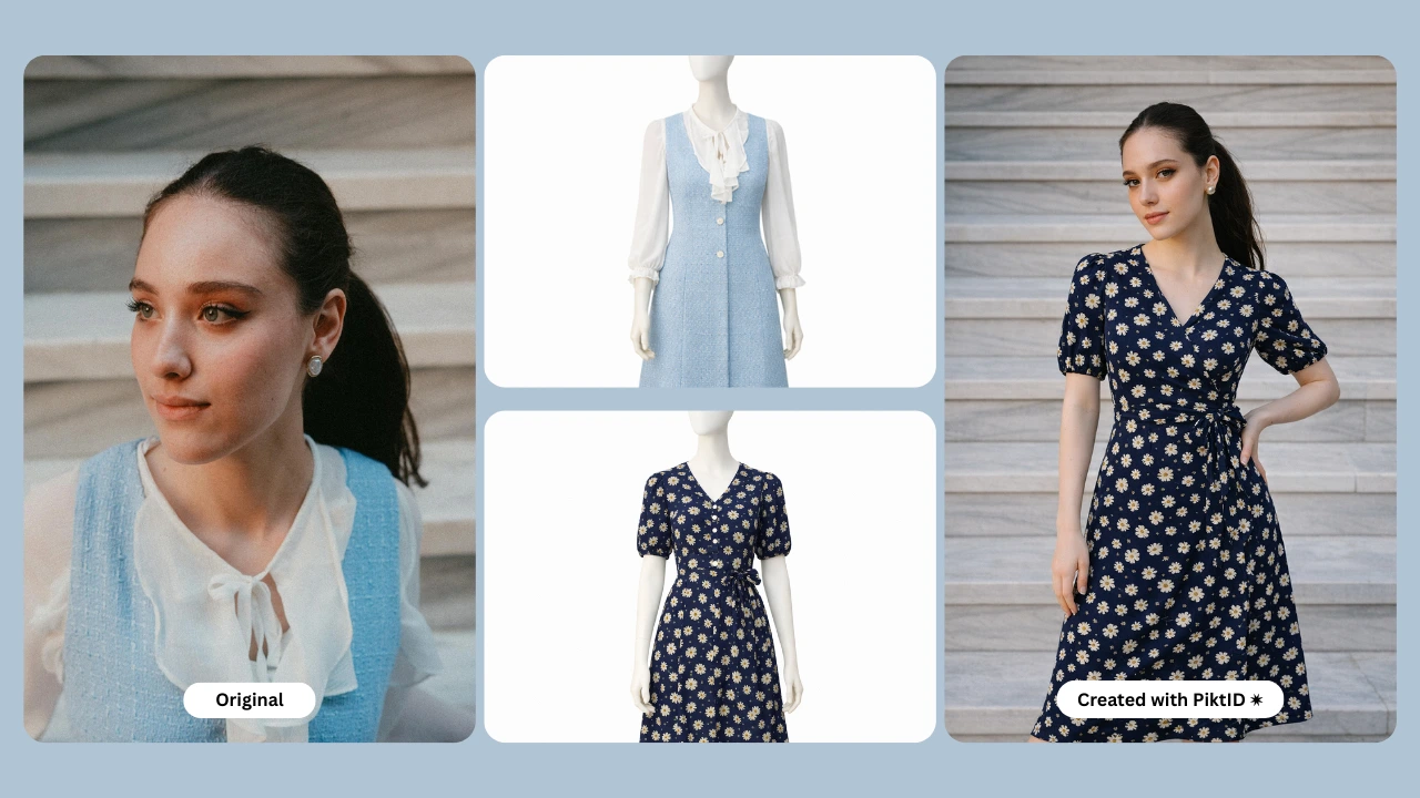 AI cloth swap example transforming a light blue dress into a navy floral dress on a realistic model. Highlights seamless outfit replacement for fashion e-commerce imagery.