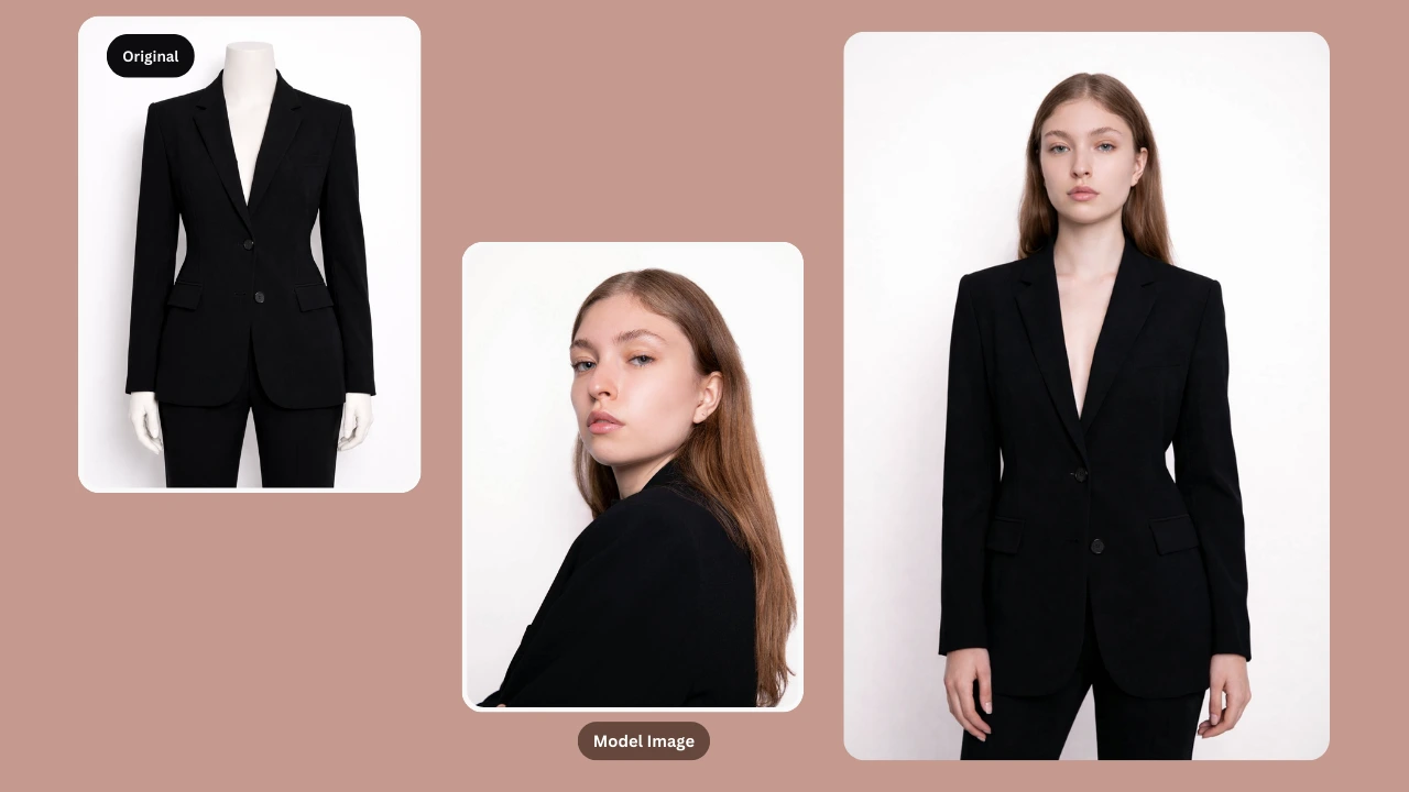 Black blazer suit displayed on a mannequin and transformed into a realistic female mannequin wearing the same outfit. Illustrates AI-powered mannequin-to-model conversion for fashion brands.
