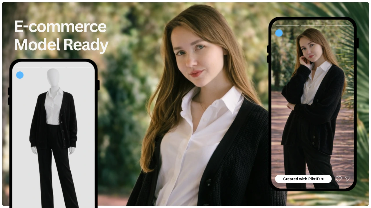 E-commerce ready AI fashion model wearing a black cardigan outfit displayed inside mobile screen mockups. Demonstrates product-to-model transformation for online clothing stores.