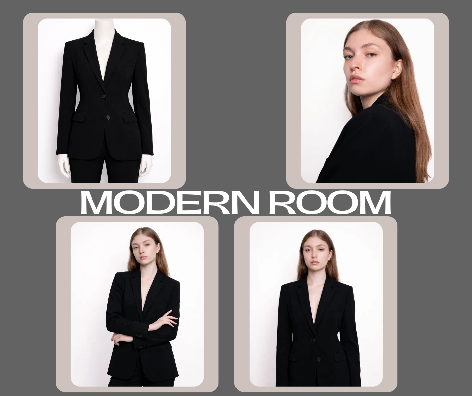 Professional AI fashion model posing in a modern studio room wearing a tailored black blazer suit displayed alongside a realistic model. The collage presents modern fashion photography with multiple confident poses for branding and catalog use.