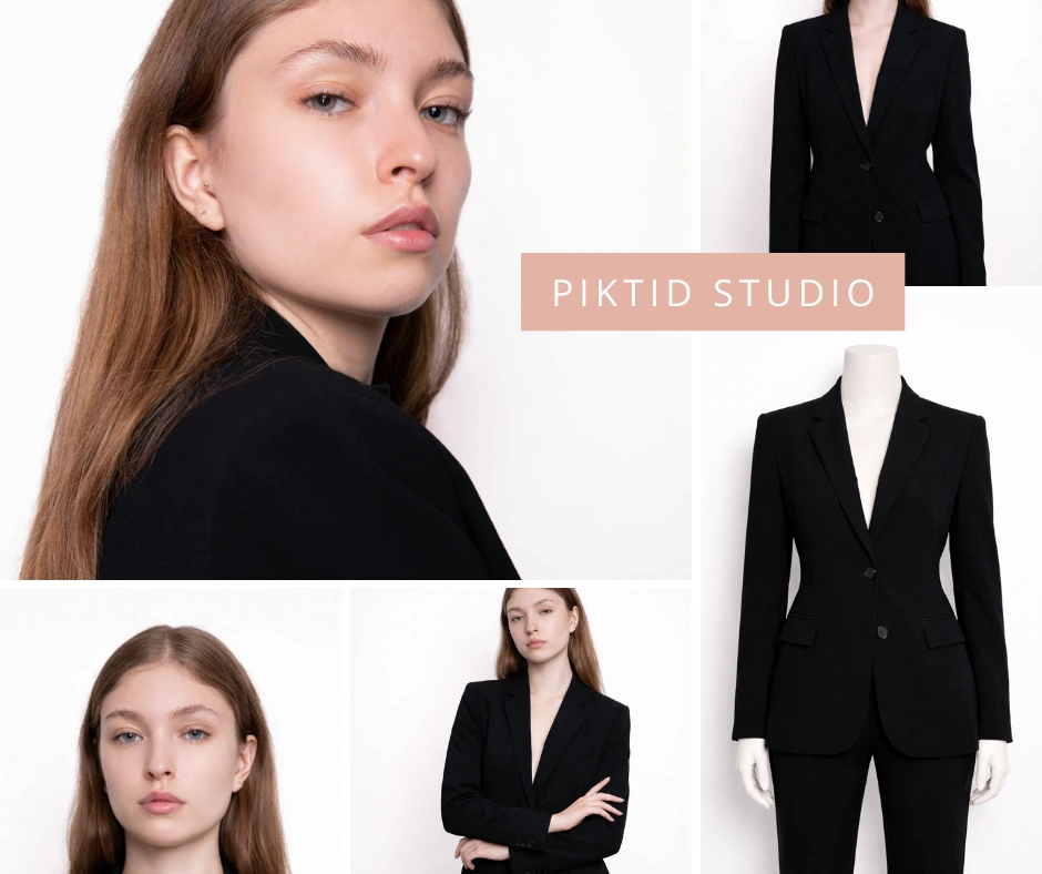 Piktid Studio collage featuring a realistic female mannequin and AI-generated model wearing a sleek black formal suit in clean studio lighting. The composition highlights virtual fashion modeling for product showcases, lookbooks, and eCommerce platforms.