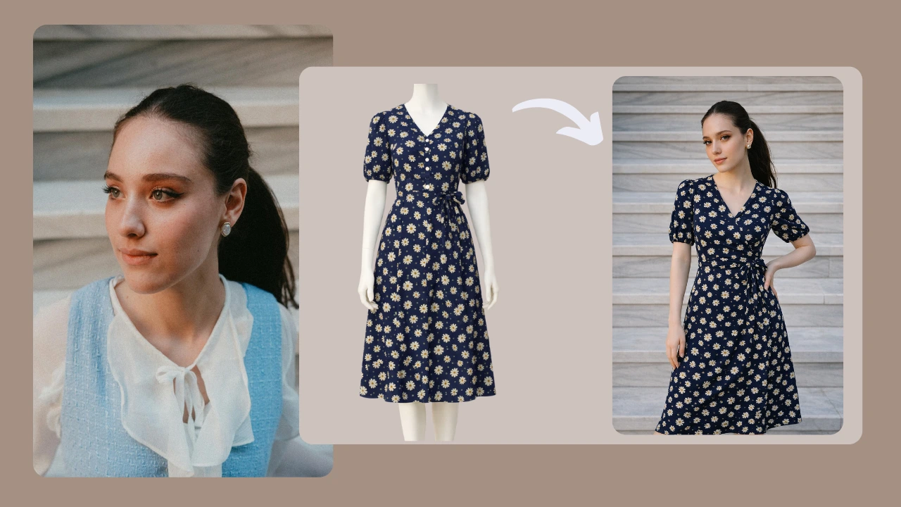 Before-and-after clothing swap example replacing a light blue dress with a navy floral wrap dress on a young woman. Demonstrates realistic AI outfit replacement for fashion photography.