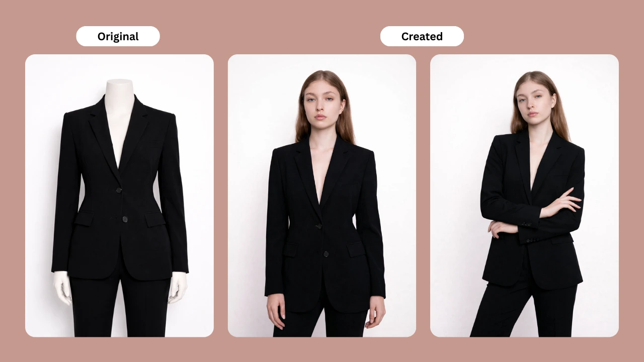 Comparison of a black blazer suit on a mannequin and a young female model wearing the same tailored outfit. Highlights AI-generated fashion model creation for professional apparel brands.