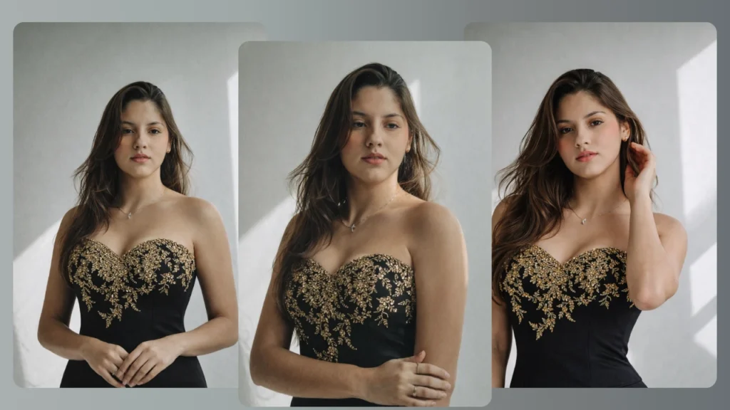 Female model wearing a black and gold embroidered strapless top showing different facial expressions in soft natural lighting. Image demonstrates AI-powered expression changes for fashion e-commerce product photography.