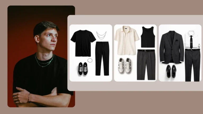 E-commerce ready fashion transformation featuring a male model styled in multiple outfits with smartphone mockups and studio background. Image highlights AI-generated outfit swaps and professional product presentation for online stores.