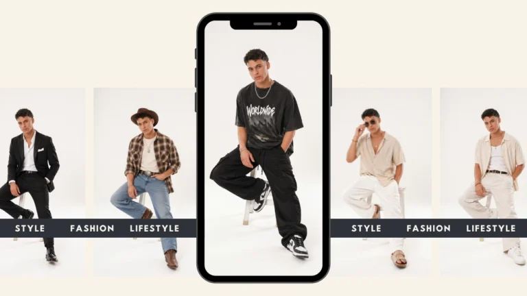 Lifestyle fashion collage showing a male model styled in multiple looks including formal, casual, and streetwear with a smartphone mockup highlighting virtual outfit try-on technology. Creative banner illustrates AI fashion styling, digital lookbooks, and AI body on-model apparel visualization.