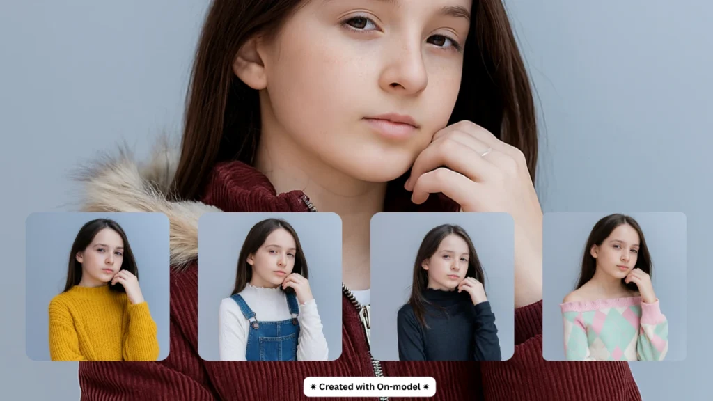 Primer plano de una joven modelo generada por IA con múltiples variaciones de vestuario que se muestran a continuación. Destaca la tecnología de IA aplicada a la moda para generar modelos realistas y diversas opciones de ropa.