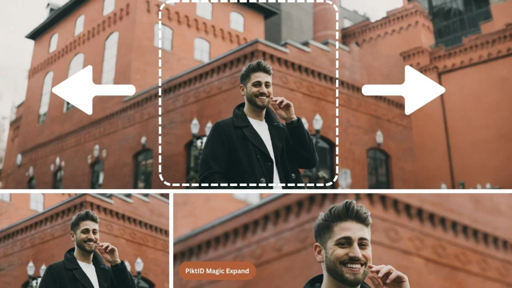 The image is a promotional graphic demonstrating a photo editing feature called 'PiktiID Magic Expand.' It shows a man with styled hair and a beard, smiling and touching his face, standing in front of a large, ornate red brick building. The top section displays the original cropped photo with arrows pointing left and right, indicating the expandable area. The bottom section shows the expanded result: on the left, a wider shot of the man in the same pose, and on the right, a close-up portrait with the same feature label. The overall visual suggests the tool can intelligently expand or fill in areas around a subject while maintaining natural-looking edges and context.