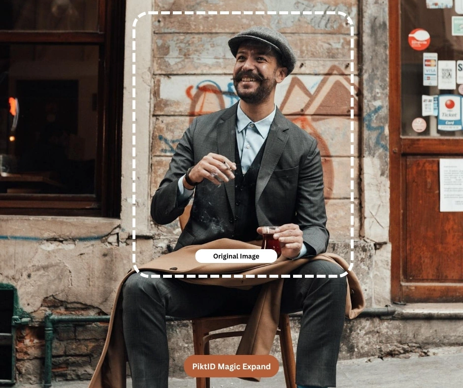 A stylishly dressed man with a beard and a flat cap sits on a wooden stool outdoors, smiling warmly at the camera. He is wearing a gray suit, light blue shirt, and a dark vest, with a brown coat draped over his lap. He holds a glass of dark liquid in one hand and appears to be smoking a cigarette in the other, with smoke visible. Behind him is a weathered wall with graffiti and a wooden door with stickers and signs. The scene has a vintage, urban, and relaxed atmosphere, possibly in a European city street. The image is framed with a dashed white rectangle labeled 'Original Image' and a button below labeled 'PiktiD Magic Expand', suggesting it's an AI-generated or edited image.