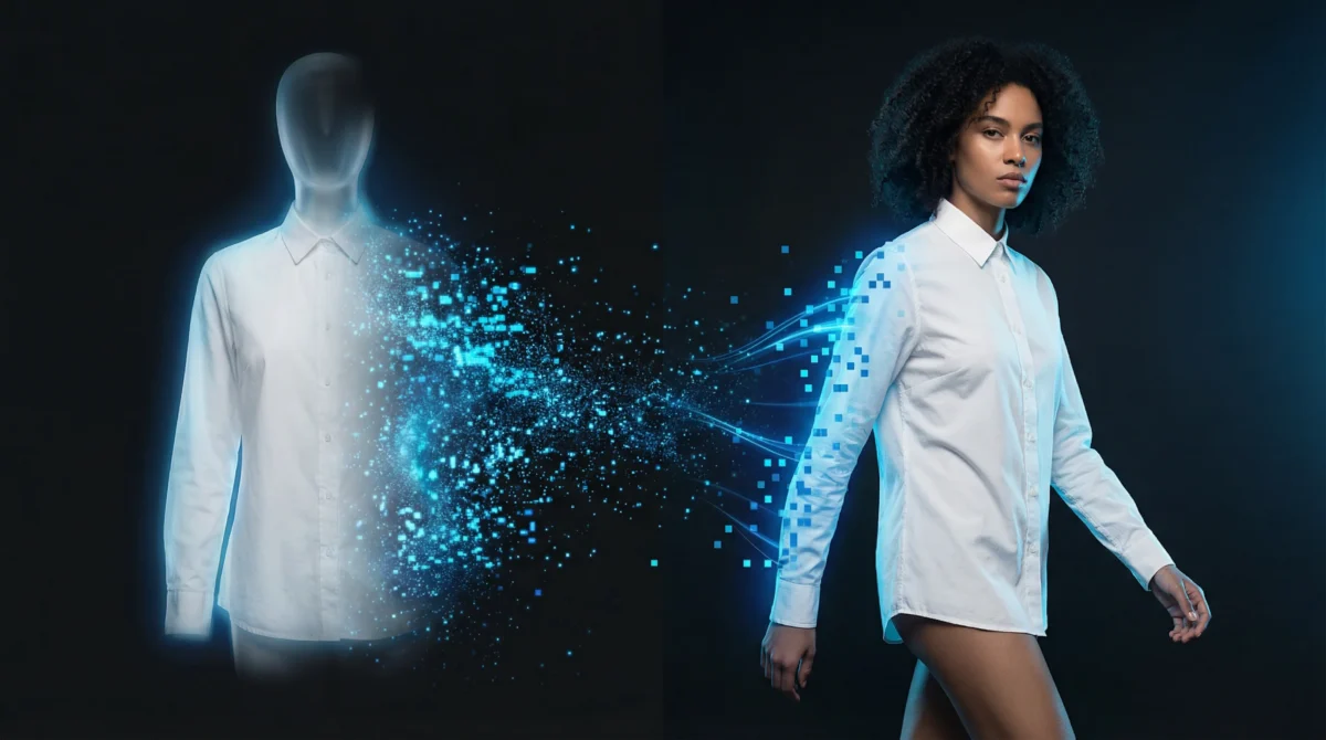 Comparison of ghost mannequin product photography versus AI-generated on-model imagery
