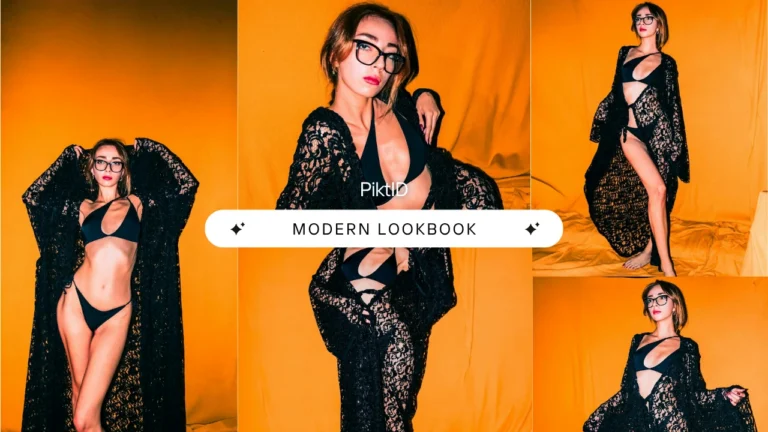 Lookbook di moda stilizzato con una modella in lingerie nera su uno sfondo dai colori vivaci, generato tramite intelligenza artificiale. Illustra come creare un modello AI per OnlyFans a scopo di branding e campagne pubblicitarie.