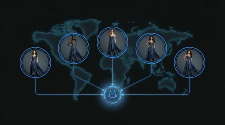 Molteplici identità di modelli di intelligenza artificiale che indossano lo stesso prodotto di moda, a dimostrazione della diversità dello scambio di modelli.