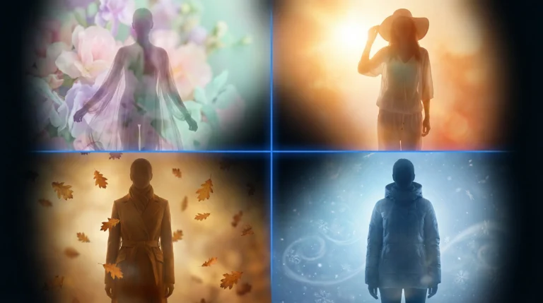 Mood board stagionale per la fotografia di moda, che mostra immagini generate dall'intelligenza artificiale ispirate alle estetiche di primavera, estate, autunno e inverno.