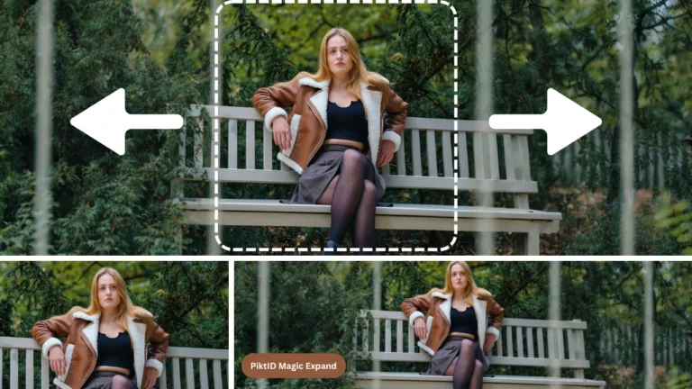 Woman sitting on a park bench surrounded by greenery with AI magic expand extending the background horizontally for a wider frame. Visual example of stretch image to create cinematic composition.