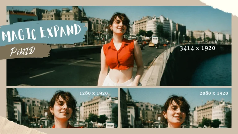 Bannière grand format montrant une femme marchant près d'une route au bord d'une rivière. L'image a été agrandie grâce à l'intelligence artificielle. La comparaison inclut plusieurs tailles d'affichage, notamment 1280 x 1920 et 3414 x 1920.