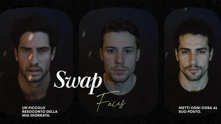 Interfaz con temática oscura que muestra tres retratos masculinos con el texto "Intercambiar rostros", ilustrando la tecnología de cambio corporal mediante IA. Un concepto de interfaz elegante para herramientas de edición facial rápidas y fluidas.