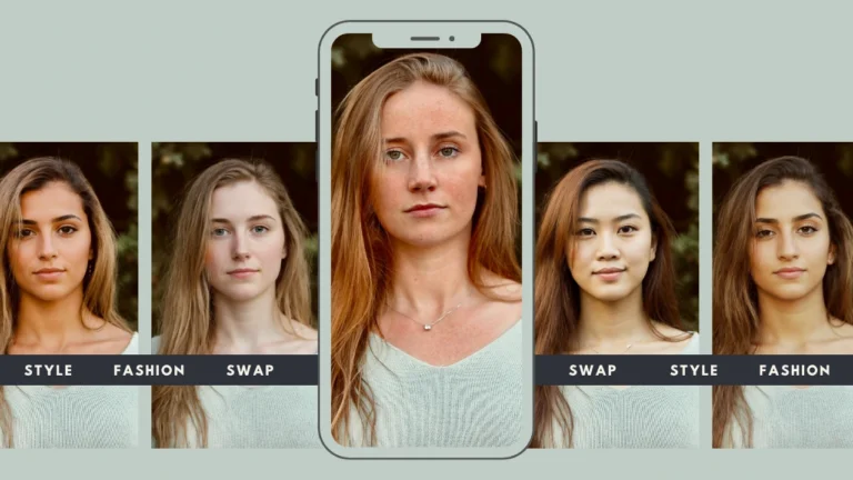 Maqueta de smartphone que muestra varios retratos femeninos con el texto "Style Fashion Swap", representando una aplicación móvil de intercambio de cuerpos mediante IA y estilismo virtual. La interfaz resalta cómo los usuarios pueden previsualizar diferentes looks al instante.