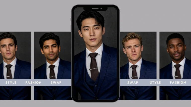 Smartphone que muestra un retrato masculino profesional con múltiples variaciones de cuerpo en el fondo. Concepto visual de transformación de identidad de moda mediante IA en dispositivos móviles.