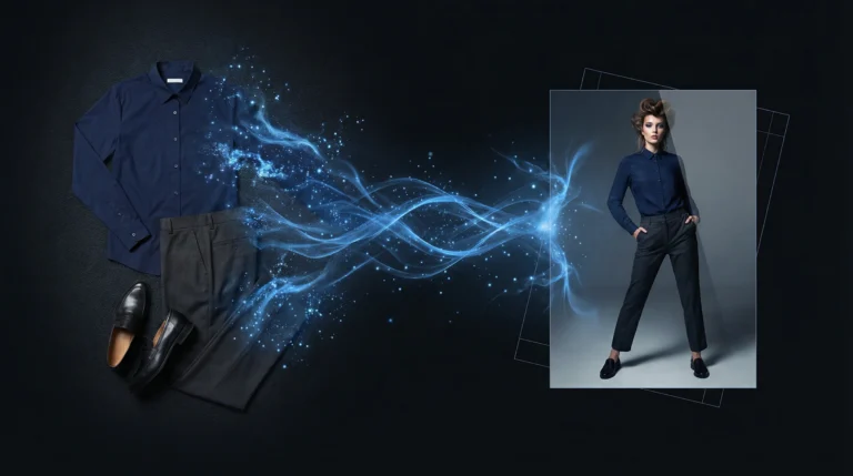 Des photos de produits à plat transformées en une double page de lookbook éditorial grâce à l'IA