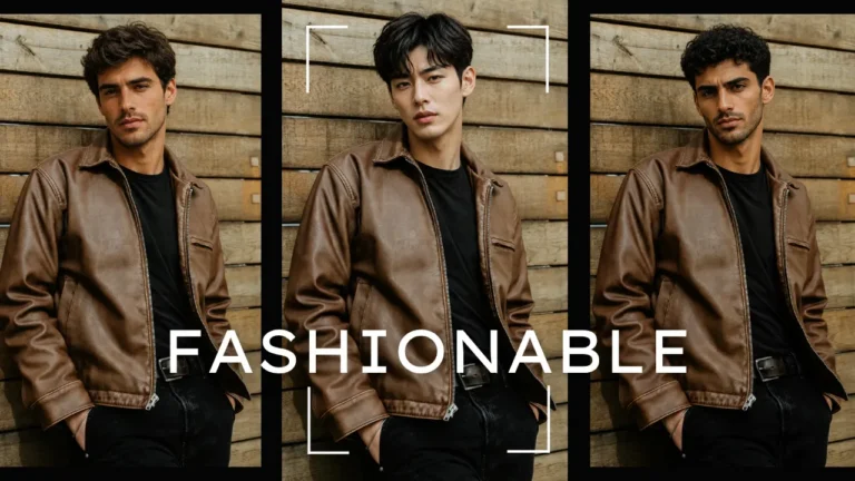 Secuencia de intercambio de rostros de modelos masculinos que muestra la transformación de identidad a través de tres retratos con chaqueta de cuero. Demuestra la inteligencia artificial de intercambio de género de cuerpo completo en fotografía de estilo de vida y moda.