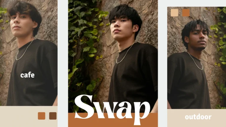 Diseño dividido de un modelo masculino con las etiquetas "café" y "exterior", que muestra el intercambio de cuerpos y de identidad mediante inteligencia artificial. Destaca el fondo realista y la transformación del sujeto para imágenes de moda.