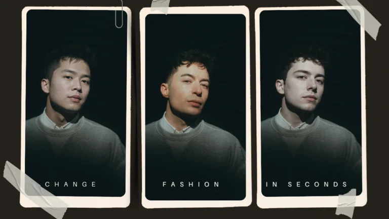 Tres retratos masculinos con un estilo cinematográfico que muestran la transformación de moda mediante IA, acompañados del texto "Cambia de estilo en segundos". La imagen destaca la tecnología de intercambio de estilos corporales rápida y fluida.